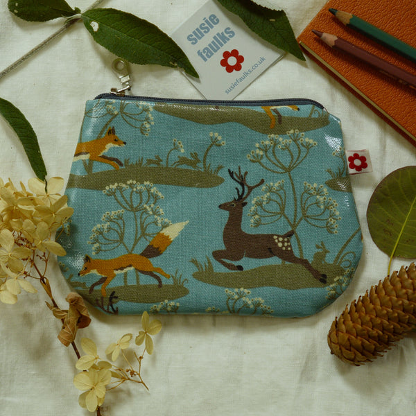 Fox & Deer Blue print oilcloth make up purse